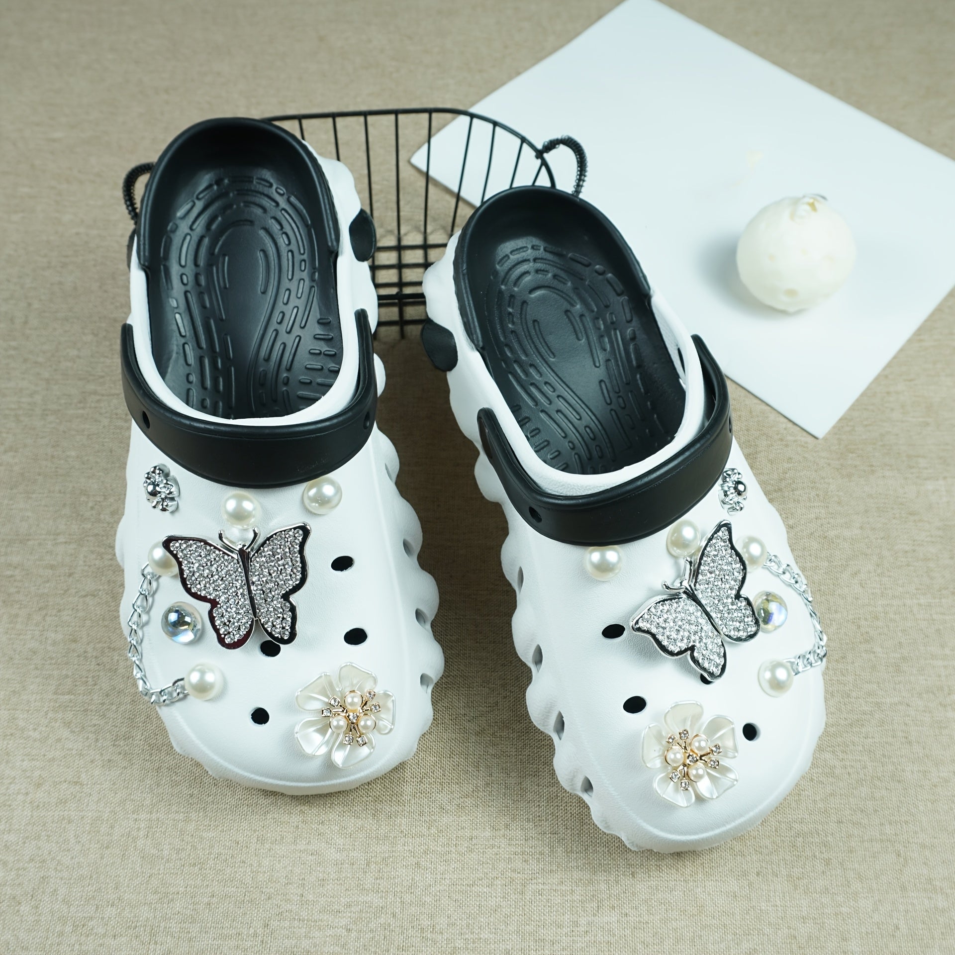 Women's Color-Block EVA Clogs with Rhinestone Butterfly and Flower Charms