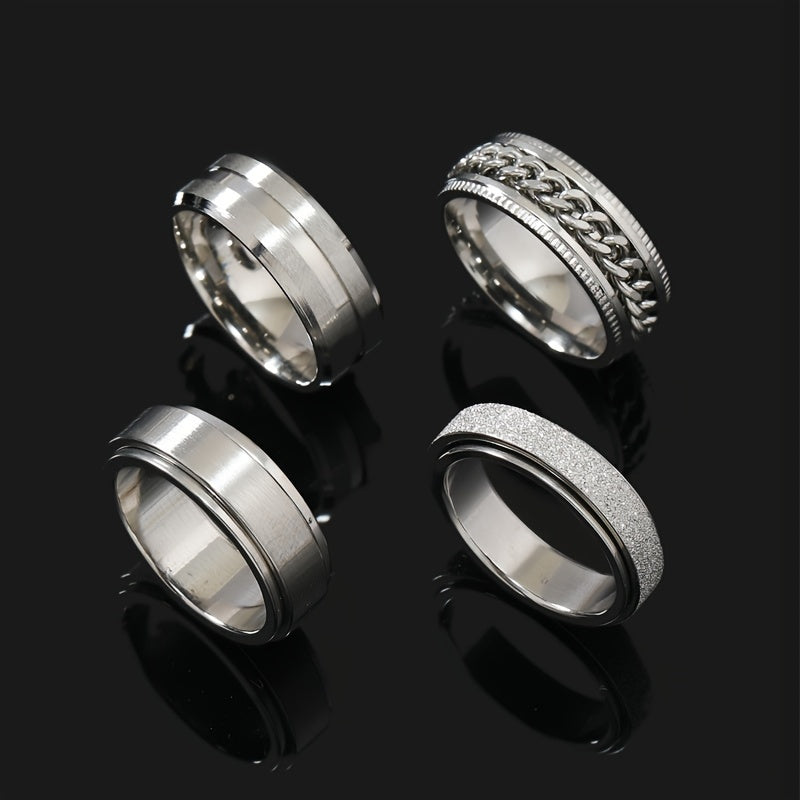 Black Rotating Rings for Men, Minimalist Stylish Jewelry with Concave Grooves