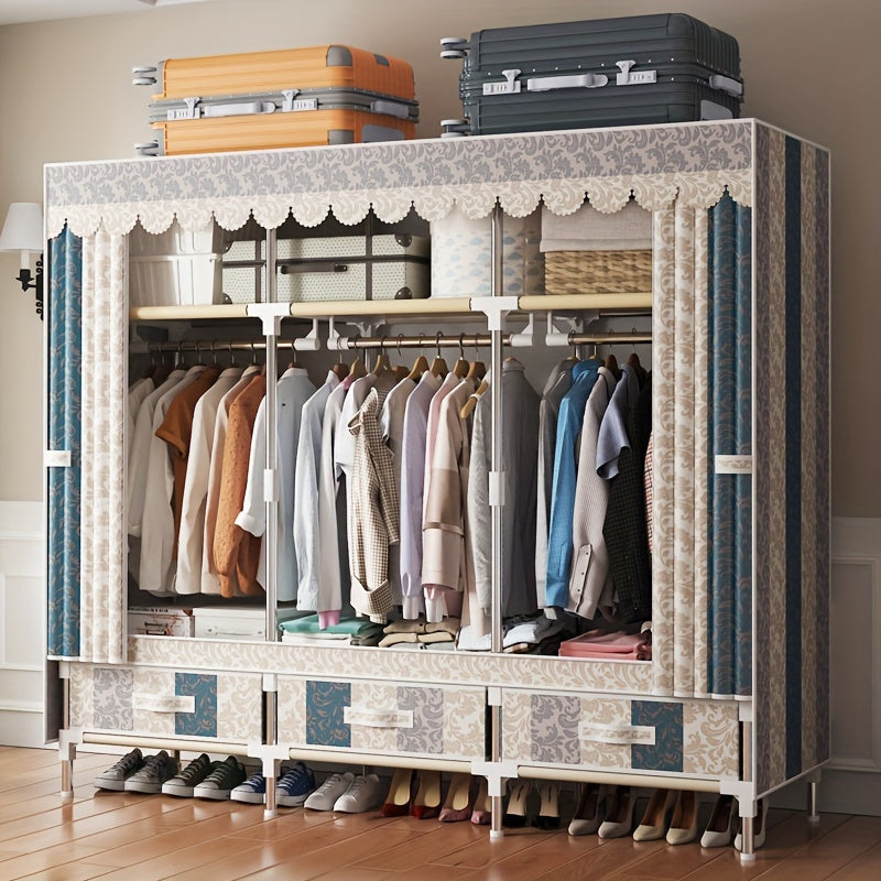 Pink Floral and Bird Pattern Wardrobe Closet with Cover and Metal Frame for Bedroom or Rental Space