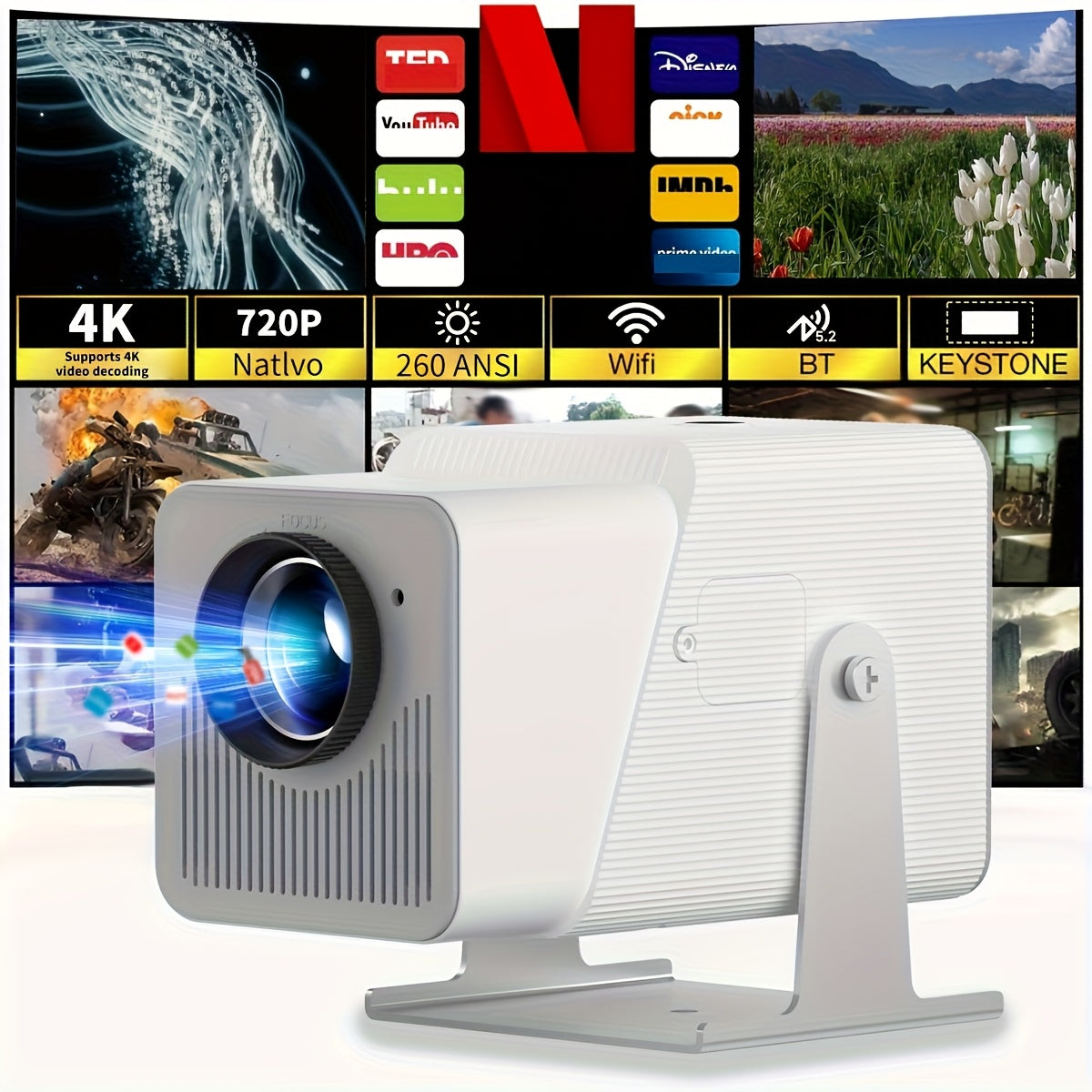 WiFi LED 4K Projector with Android OS, 260 Lumens, Office & Home Use
