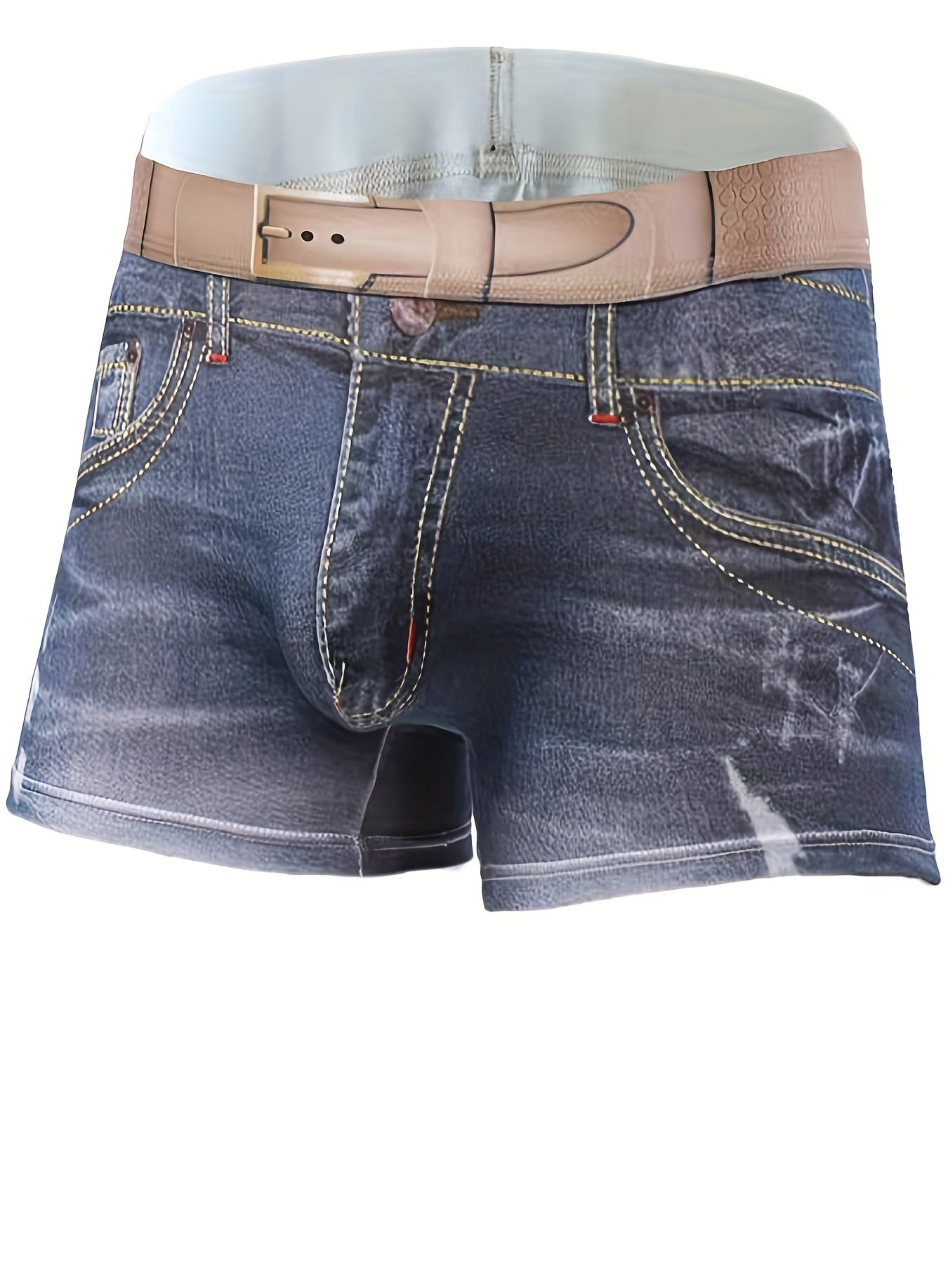 Men's Cotton 3D Denim Boxer Briefs with Belt Print Breathable Stylish Underwear