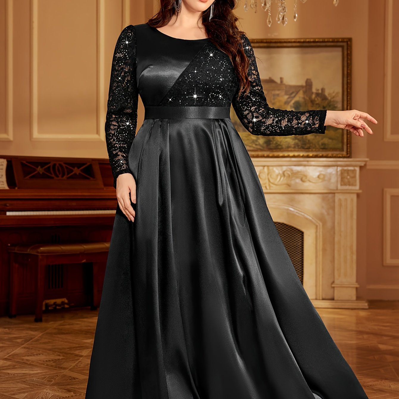 Plus Size Women's Satin Lace Wedding Dress Sequin Embellished Mermaid Evening Gown