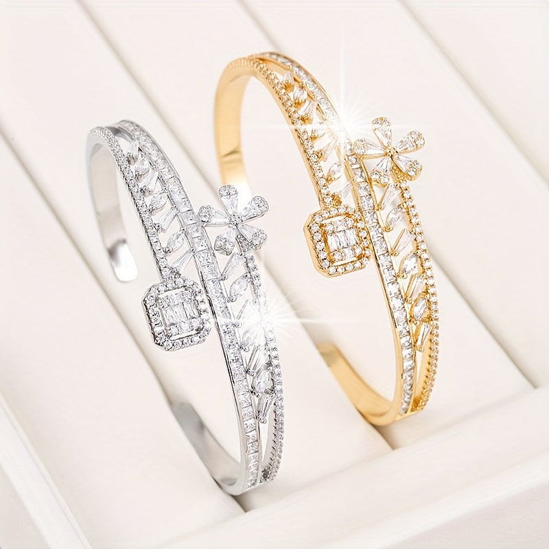 Adjustable Copper Bangle with Peach Blossom Design and Cubic Zirconia Inlay