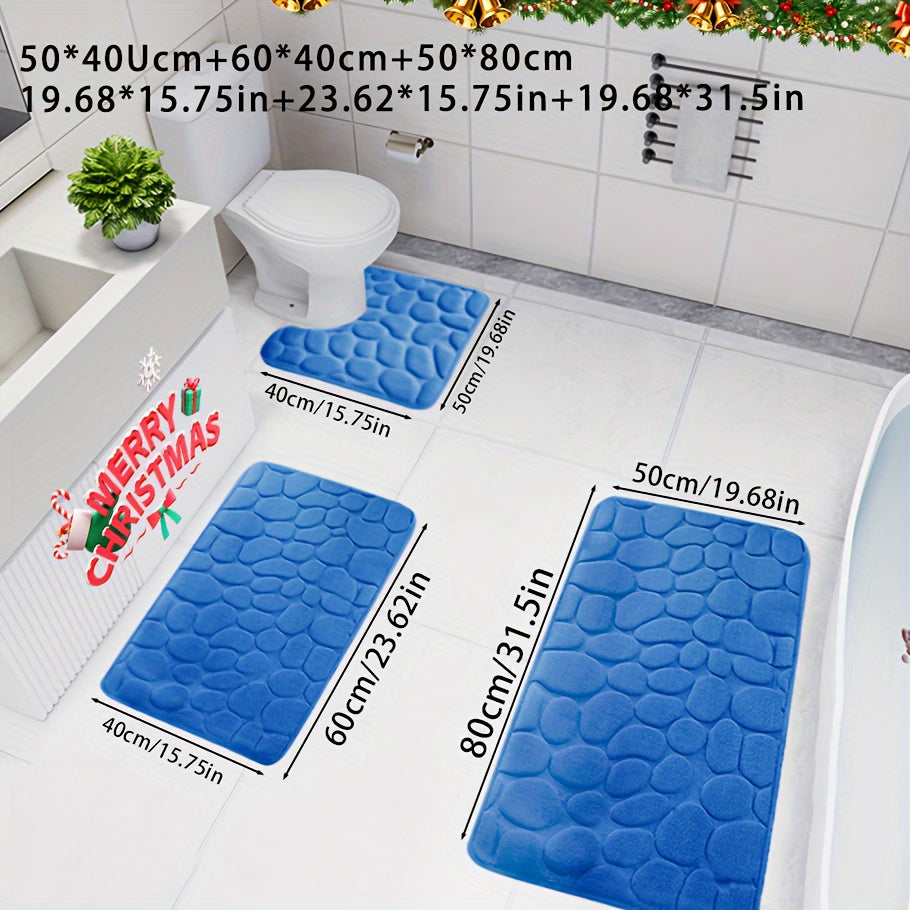 3-Piece Christmas Bath Mat Set Ultra-Absorbent Non-Slip Soft Polyester Knit Rug for Tub Shower Home