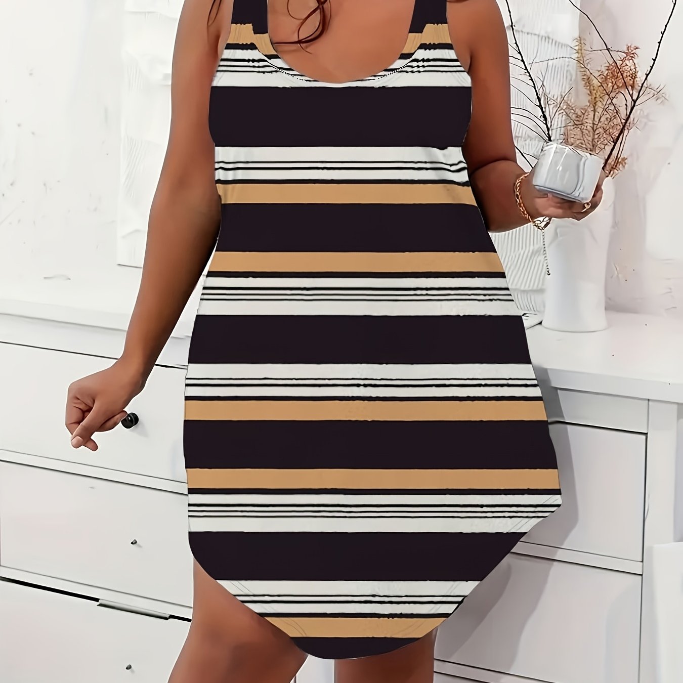 Plus Size Sleeveless Tank Dress Casual Summer Striped Pattern Black White Brown