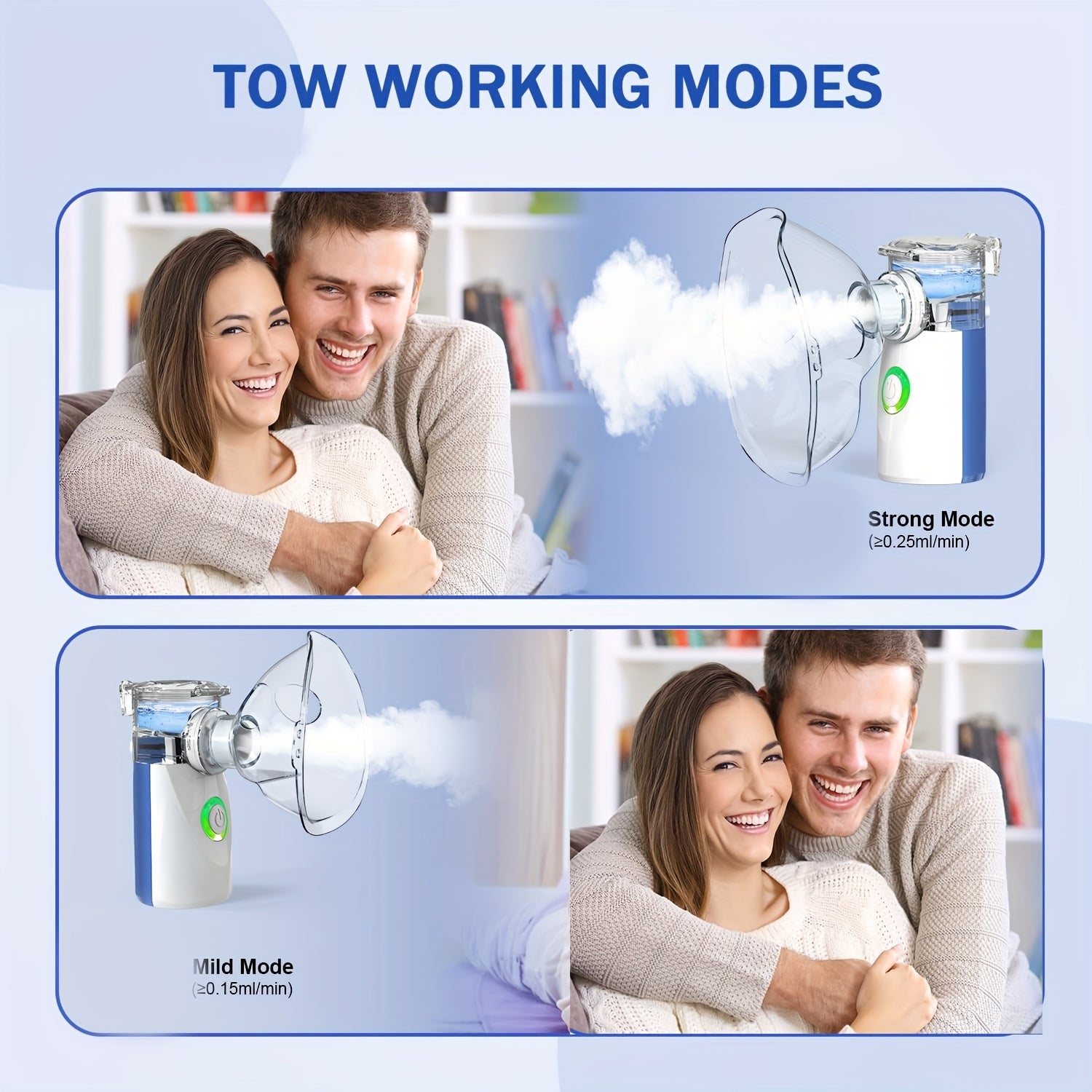 USB orqali zaryadlanadigan portativ yuz bug'latgich, chuqur tozalash va namlantirish uchun humidifier bilan. Bug' chiqarish nazorati bilan oq va ko'k dizayn. Uyda va sayohatda foydalanish uchun minimalist dizayn.