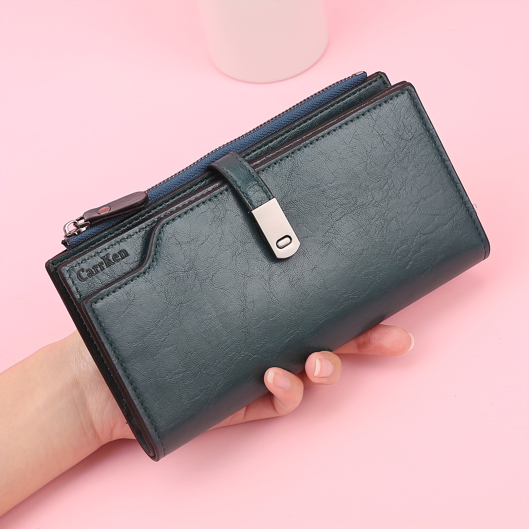 Women's Long Wallet with Buckle Closure Tri-Fold Card Slots Coin Purse Document Wallet