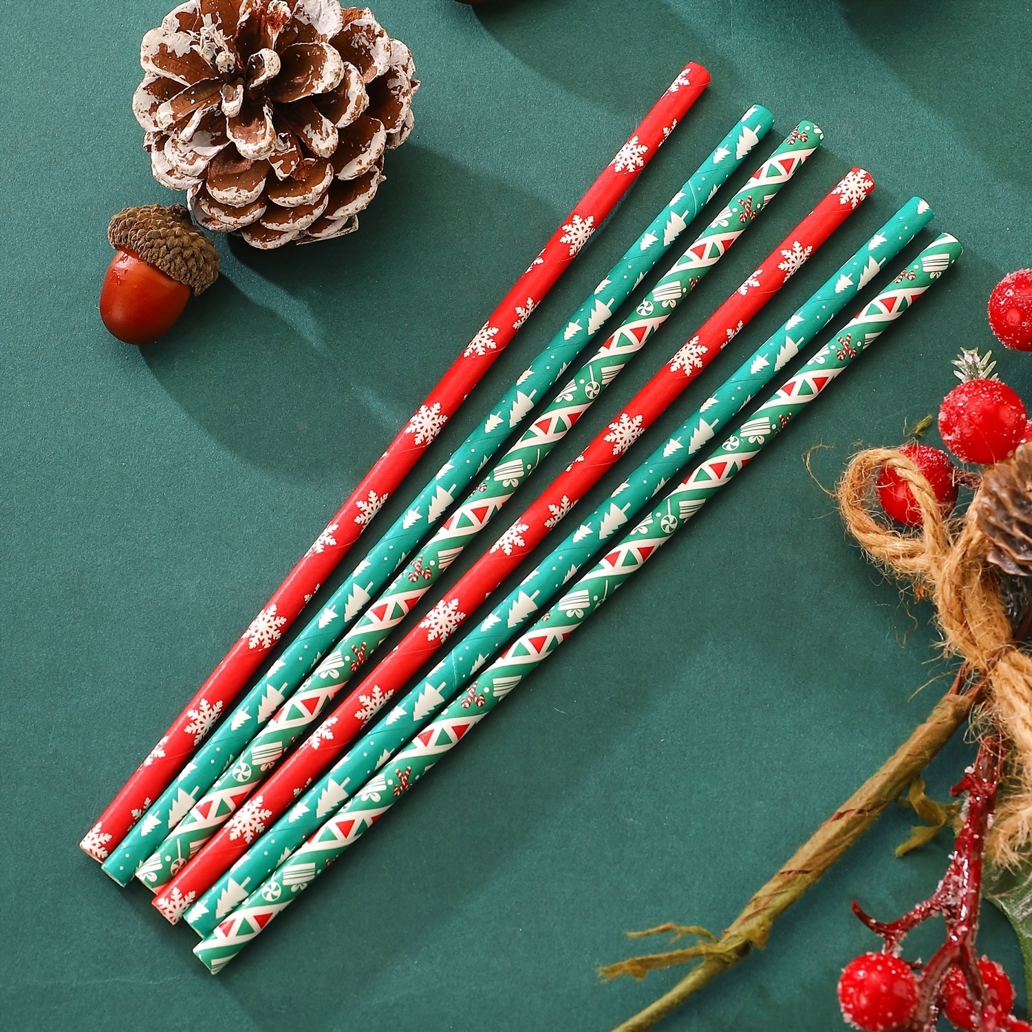 25 Pieces Christmas Paper Straws Snowflake Tree Patterns Biodegradable Holiday Party Supplies