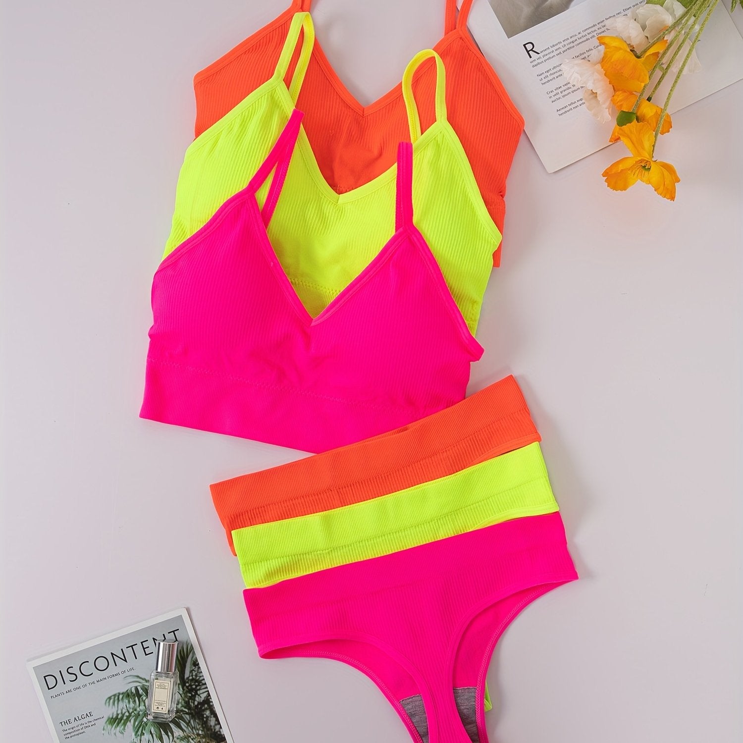 3-Piece Ribbed Lingerie Set with Bra, Panties, and Tank Top for Women