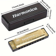 Stainless Steel 10-Hole Diatonic Harmonica Golden with Protective Case for Beginners
