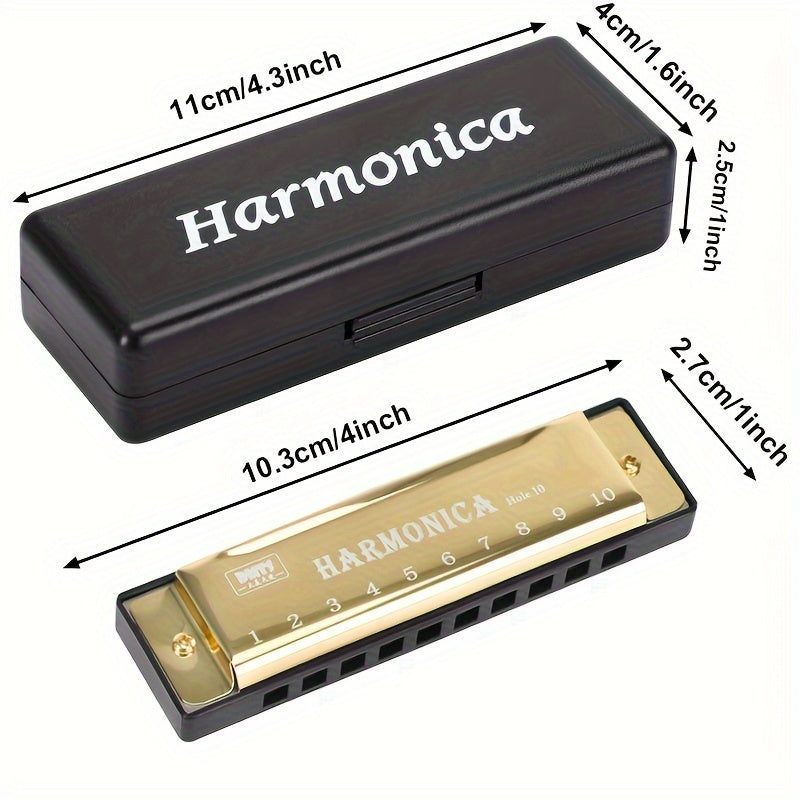Stainless Steel 10-Hole Diatonic Harmonica Golden with Protective Case for Beginners