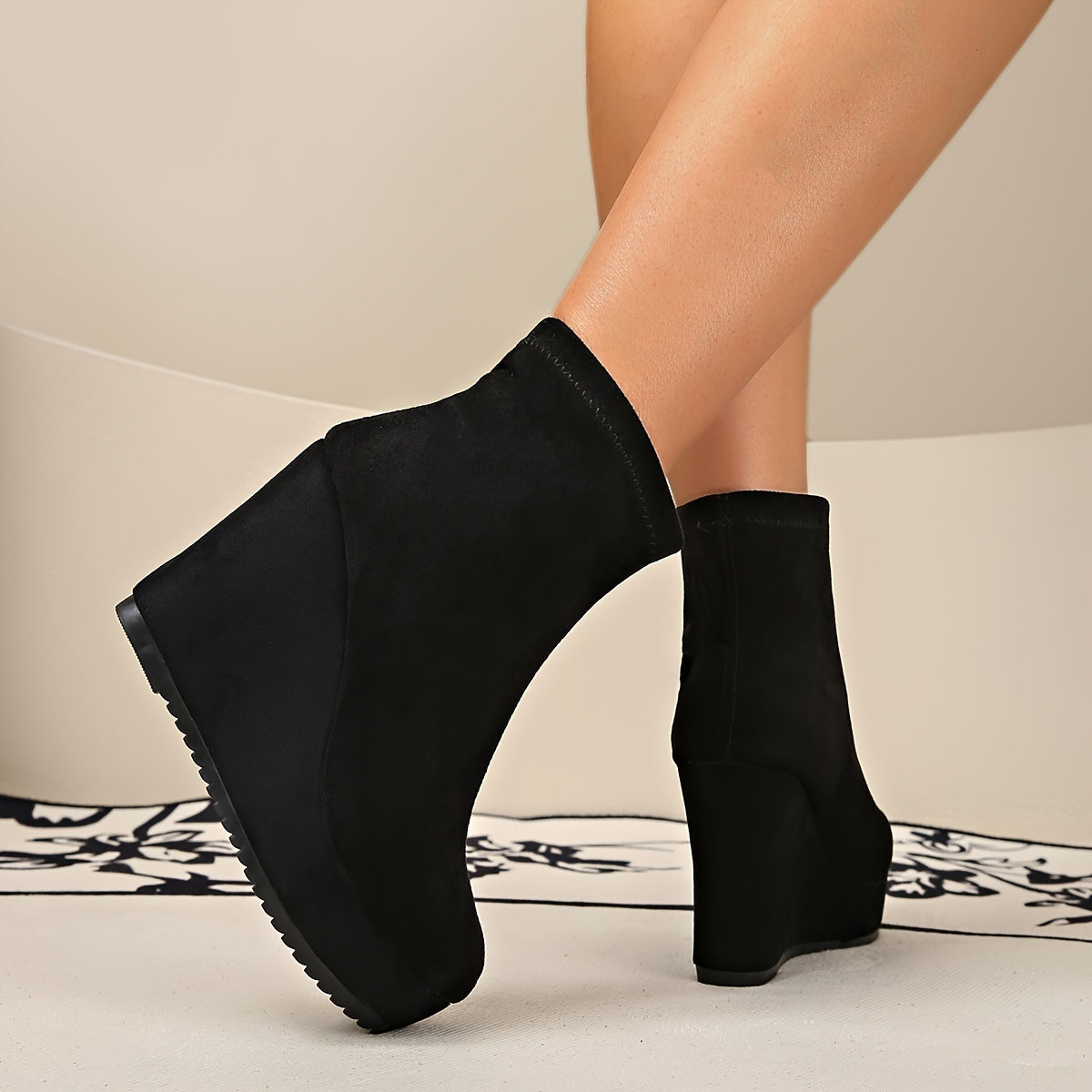 Women's Black Slip-On Wedge Boots with Thick Sole and Round Toe