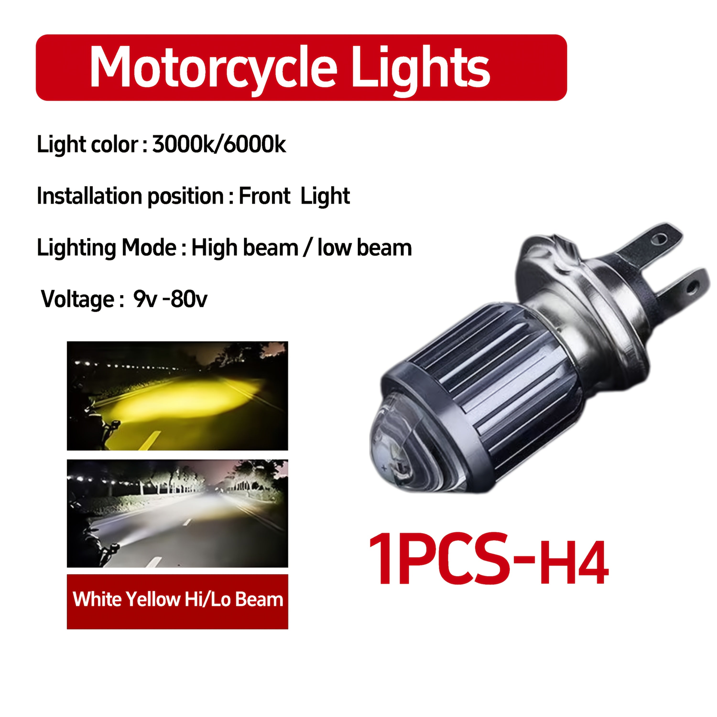 Motorcycle LED Headlight Bulb H4 Hi/Lo Beam 10000Lm Aluminum Shell