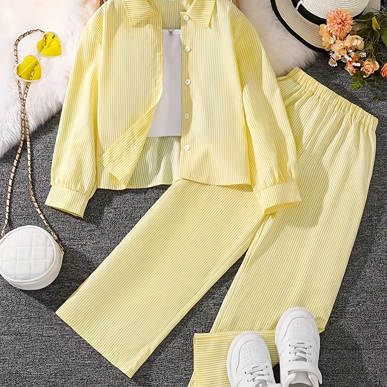 Girls Autumn Striped Long-Sleeve Shirt and Trousers Set Polyester Casual Outdoor Wear