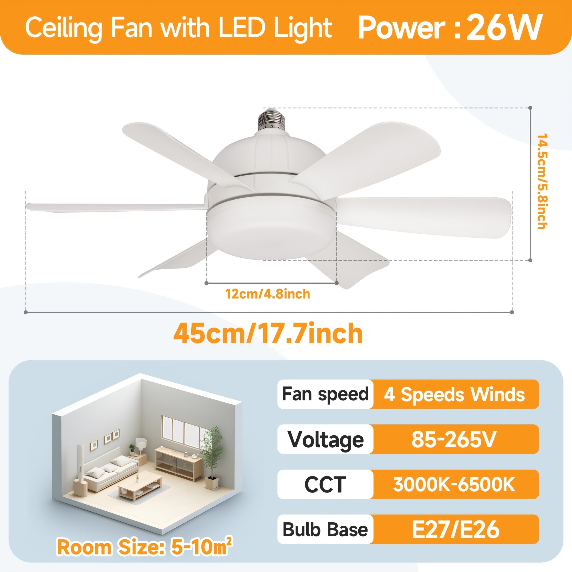 E27/E26 Small Ceiling Fan Light with 6 Blades Dimmable Quiet 4-Speed
