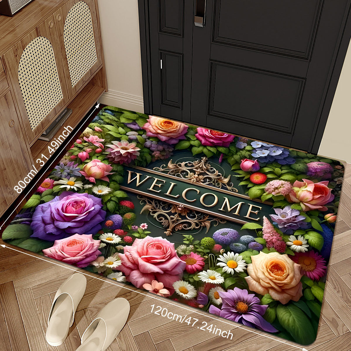 Floral Doormat Non-Slip Washable Indoor Outdoor Stain Resistant Rectangular