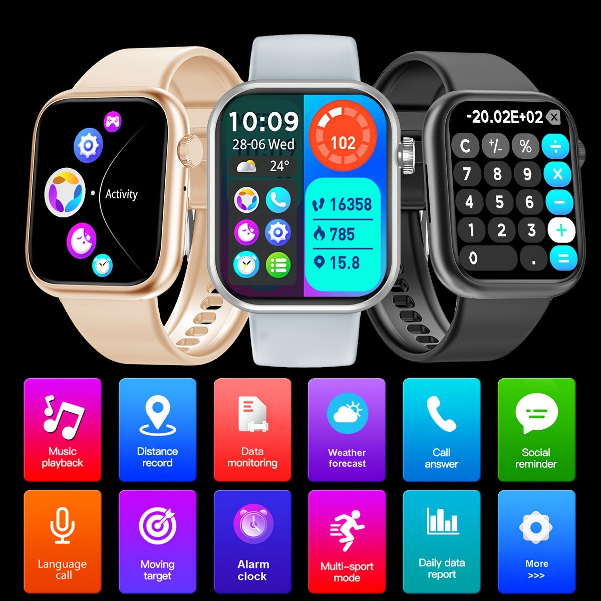 Women's Smartwatch with Call Text HD Touchscreen Wireless Connectivity Silicone Band Square Design