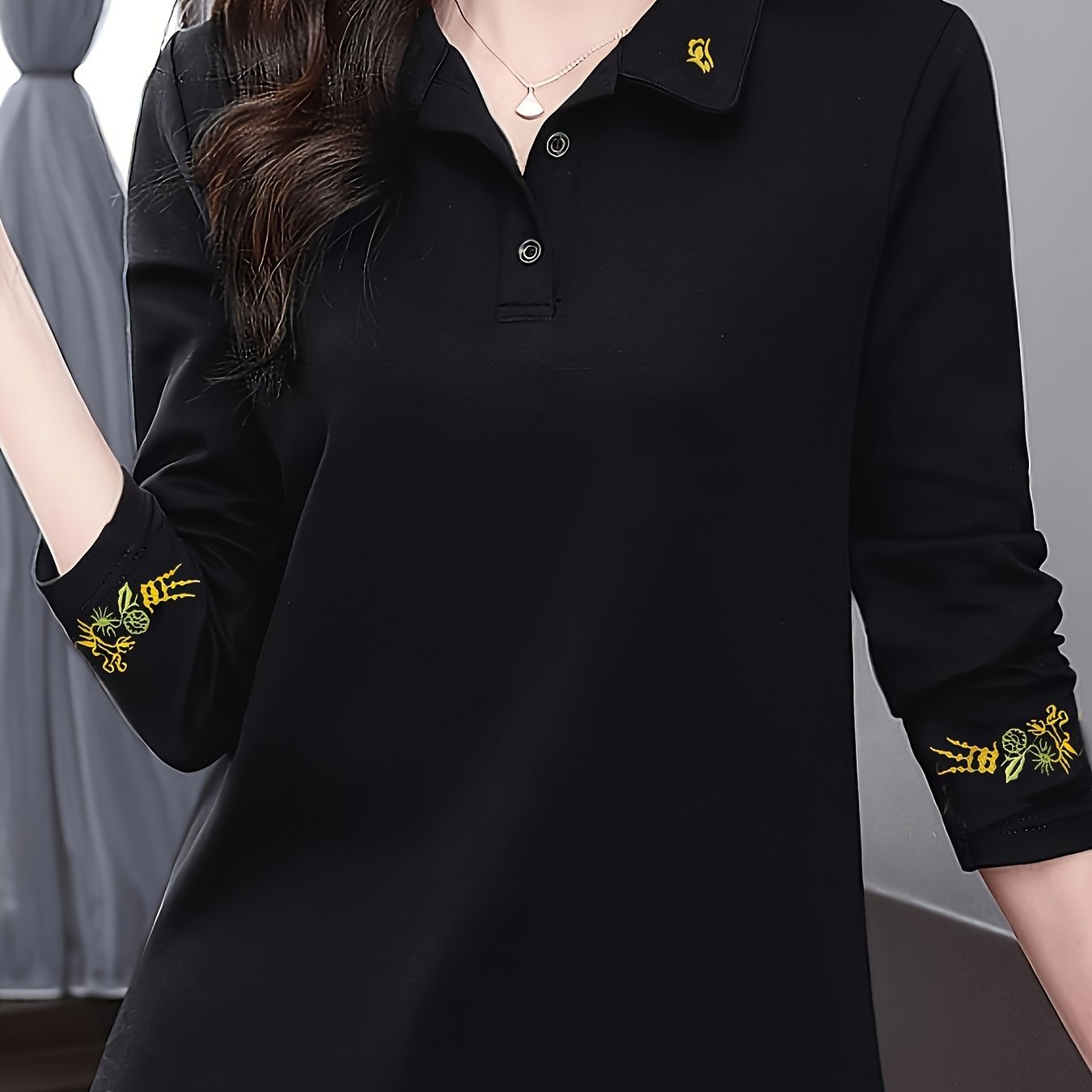 Women's Black Long Sleeve Shirt with Floral Embroidery, Polyester, Casual Spring Fall