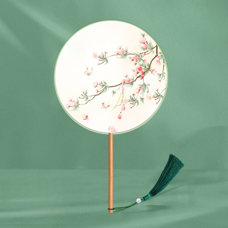 Girls Long Handle Dance Fan Traditional Hanfu Qipao Embroidered Summer Fan