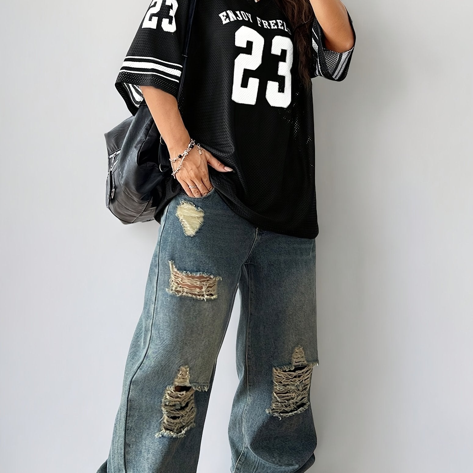 Women's Plus Size Summer Drop Shoulder V-Neck Football Jersey T-Shirt Breathable Semi-Sheer