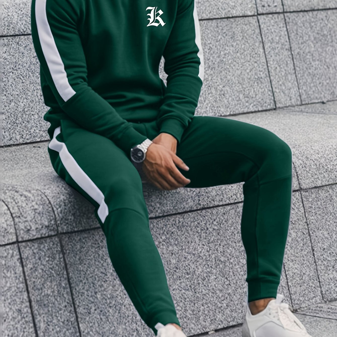 Men's Polyester Casual Tracksuit with Letter Print Crew Neck Sweatshirt and Joggers for Fall Winter