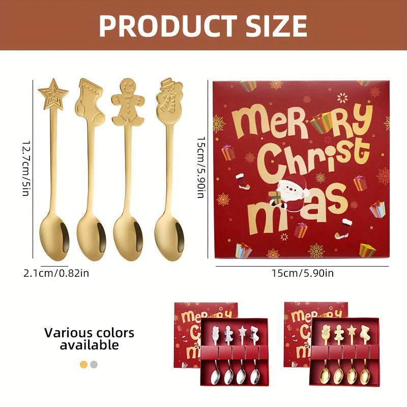 Set of 4 Christmas Stainless Steel Spoons for Coffee Tea Dessert in Gift Box