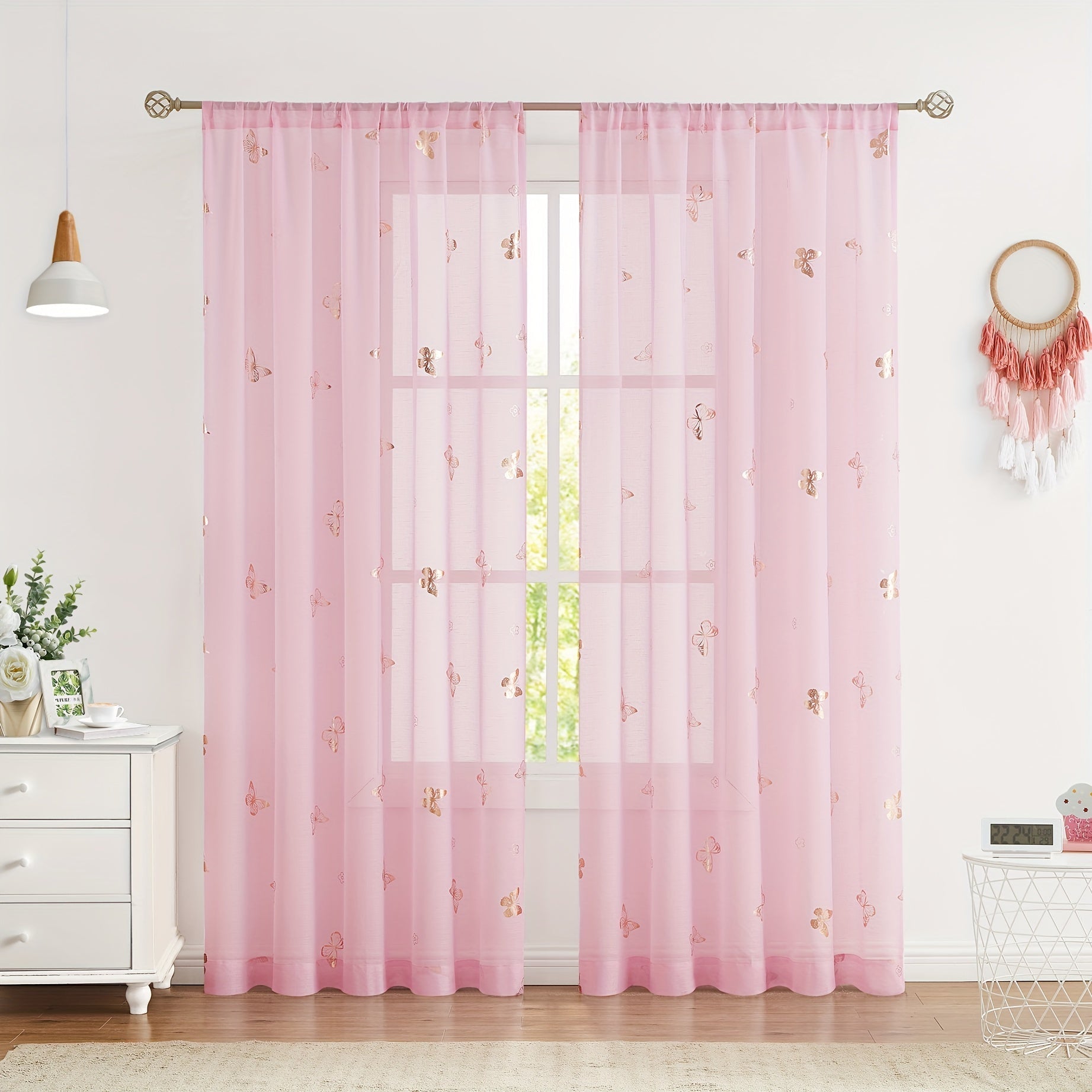 Golden Butterfly Translucent Linen Curtains for Bedroom or Living Room 63-95 Inches