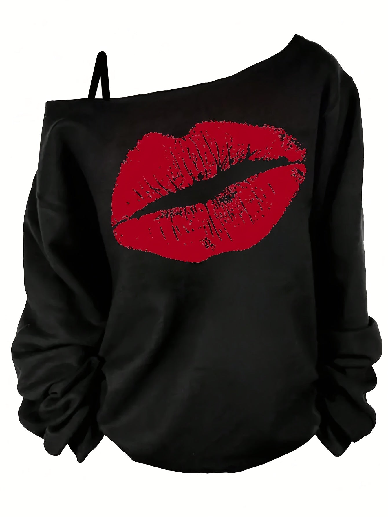 Plus Size Lips Print Sweatshirt Long Sleeve Cold Shoulder Pullover Woman