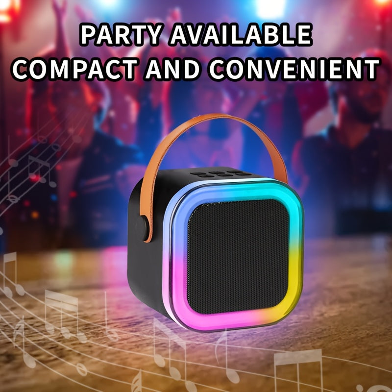 Ikki simsiz mikrofon va rangli chiroqlar bilan jihozlangan portativ karaoke dinamik, oilaviy tug'ilgan kunlar va ochiq havoda sayohatlar uchun ideal.