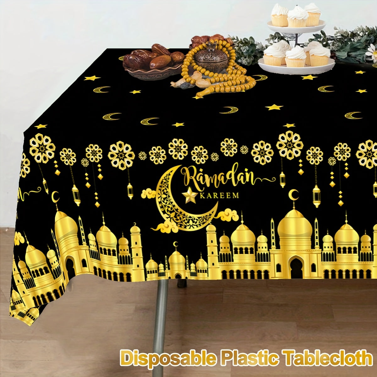 Black and White Plastic Eid Mubarak Tablecloth with Castle Moon and Star Lantern Design for Ramadan and Eid
