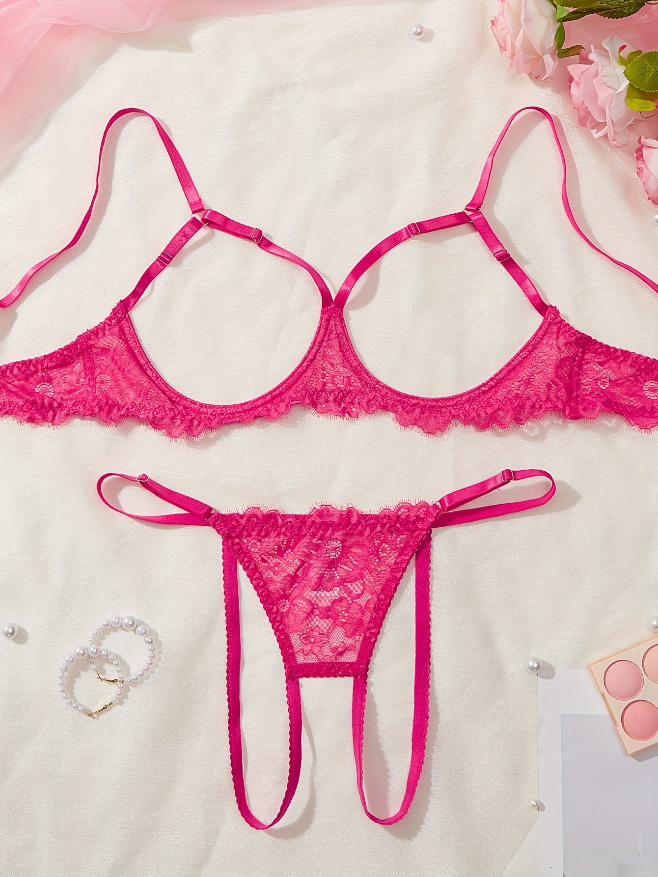 Conjunto de lencería de encaje para tallas grandes de mujer, tanga con escote abierto y transparente