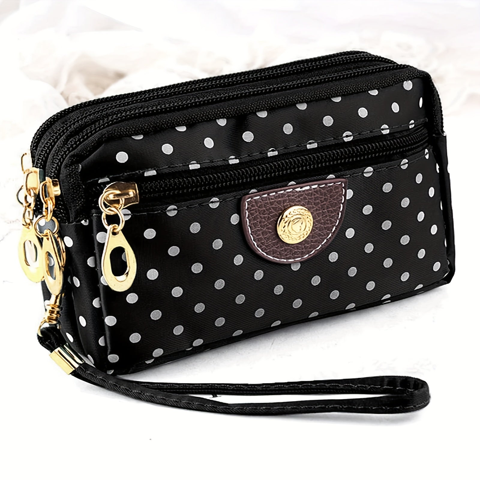 Women's Nylon Clutch Wallet with Polka Dot Pattern, Zipper Pockets, Mixed Colors