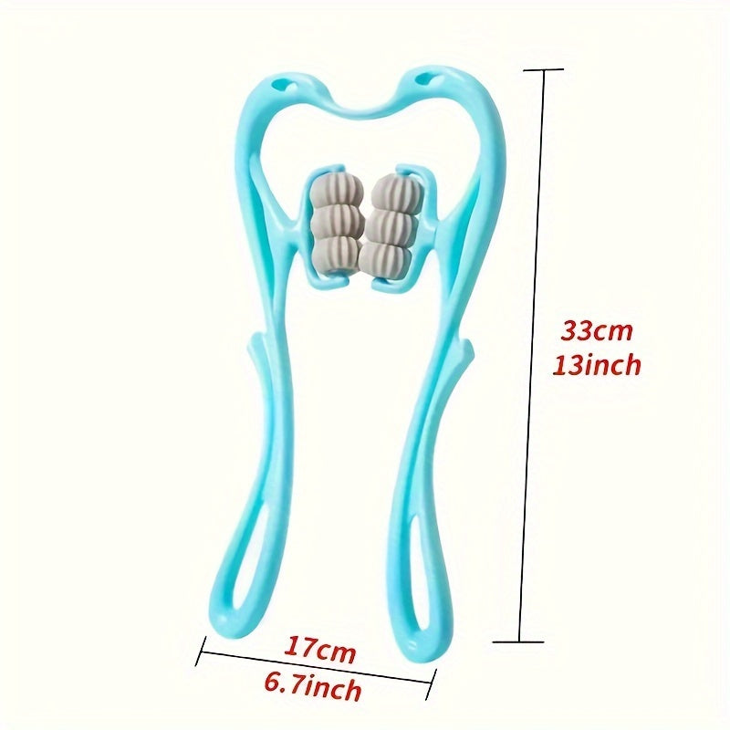 Bo'yin va yelkalarga, yuqori orqaga, sonlarga va qovurg'alarga mo'ljallangan yo'lga qo'yiladigan massaj roliki, yoğurish to'plari bilan. Uyda foydalanish uchun ko'k plastikdan ergonomik dizayn.