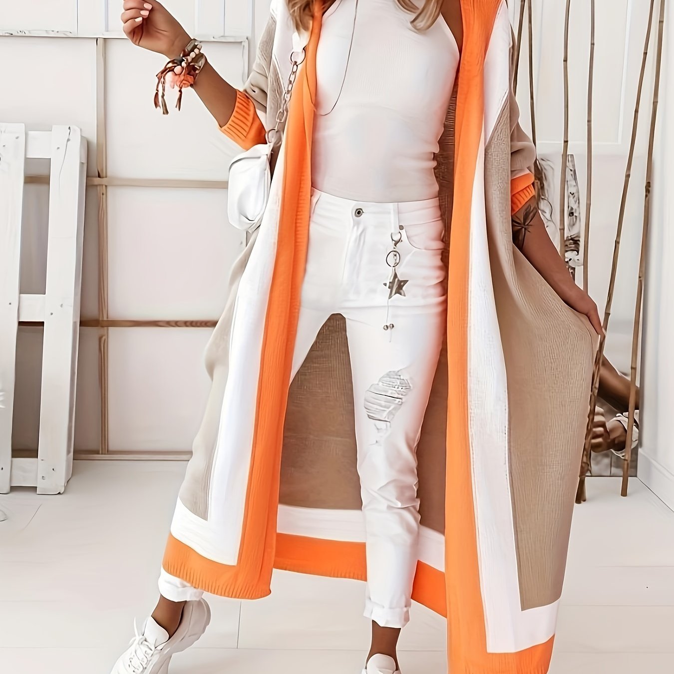 Plus Size Color Block Open Front Cardigan Long Sleeve Spring Fall Women's Clothing