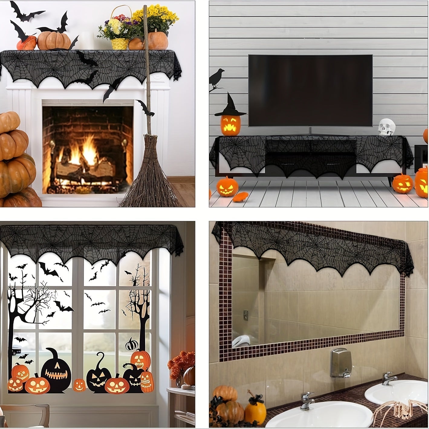 Black Lace Fireplace Scarf with Spiderweb Design, 50.8x200.66 cm, Halloween Decor