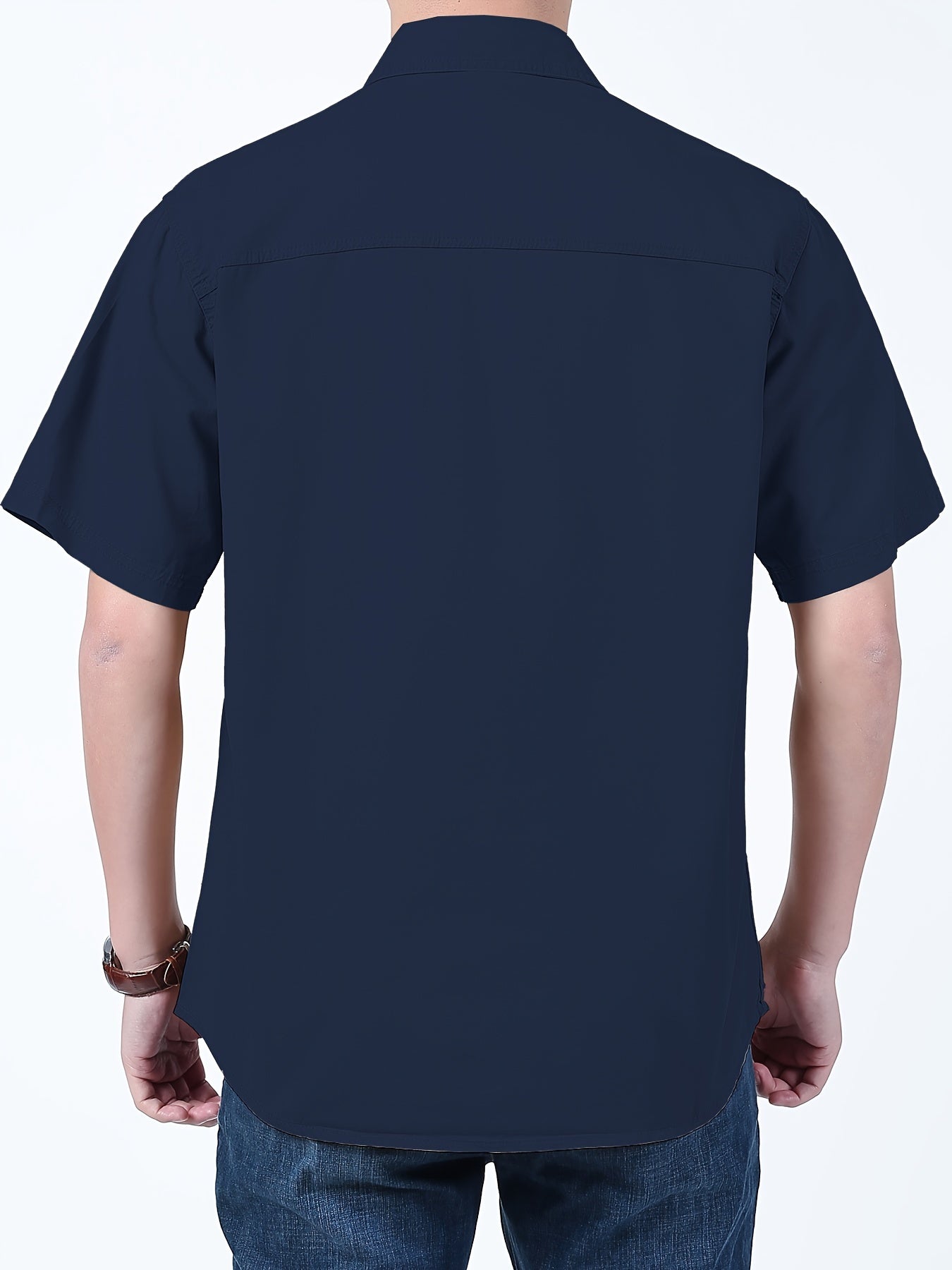 Men's Summer Casual Cotton Cargo Shirt Short Sleeve Solid Color Regular Fit Lapel Collar