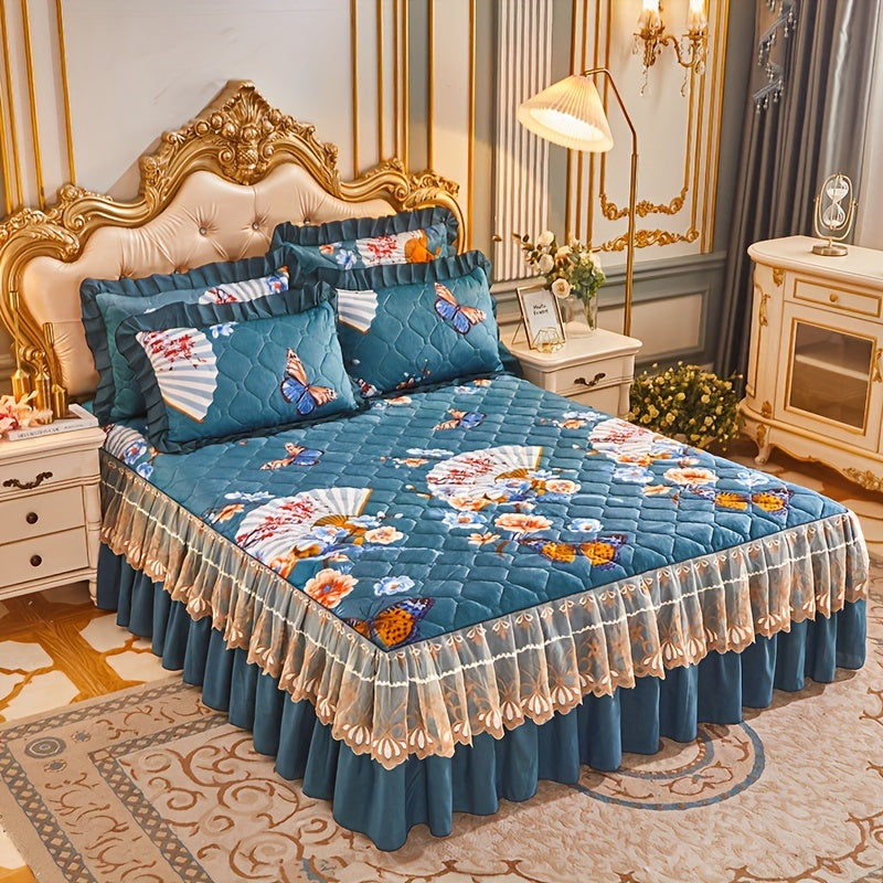 Luxurious Crystal Velvet Bed Skirt Set with Floral Pillowcases Non-Slip Full Coverage