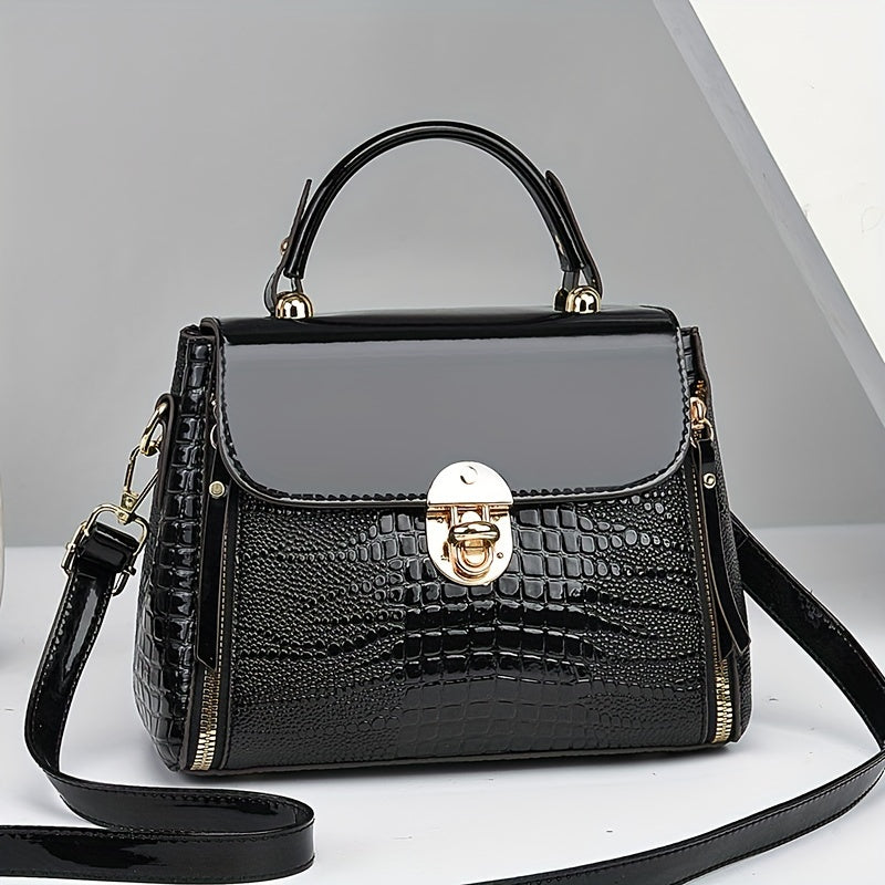 Women's Crocodile Pattern PU Handbag with Buckle Closure and Large Capacity for Shoulder Use