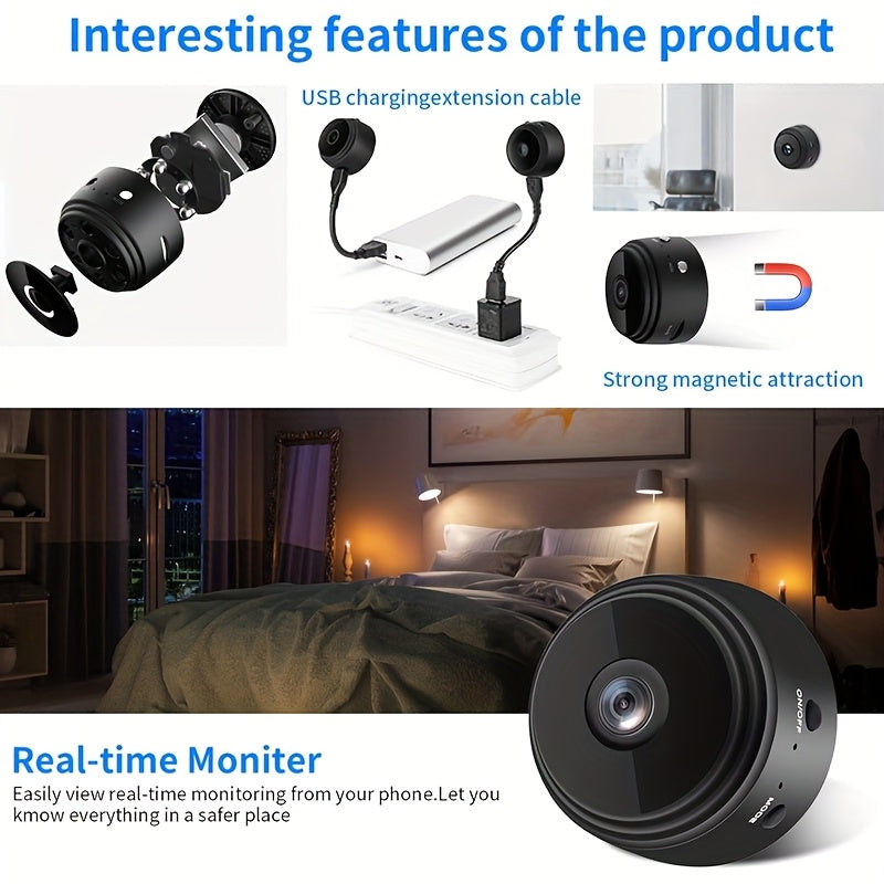 Мини-камера WiFi с магнитной задней панелью, перезаряжаемый USB, управление через приложение, внутреннее видеонаблюдение, черно-белая