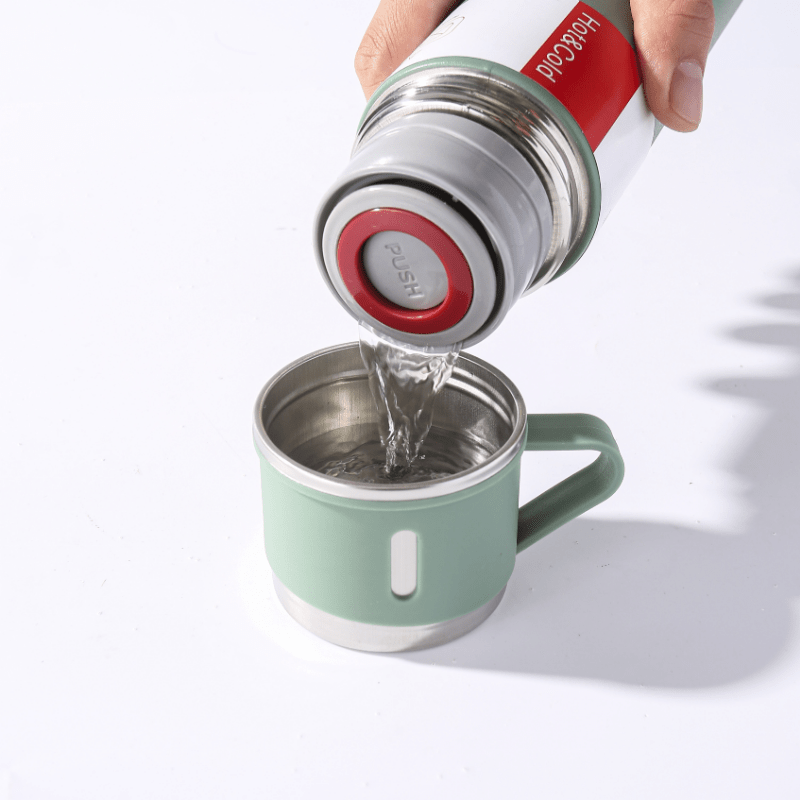 Naychali po'latdan yasalgan vakuum termos to'plami, ichki piyola bilan, oqmaslik dizayni, harakatda issiq va sovuq ichimliklar uchun ideal.