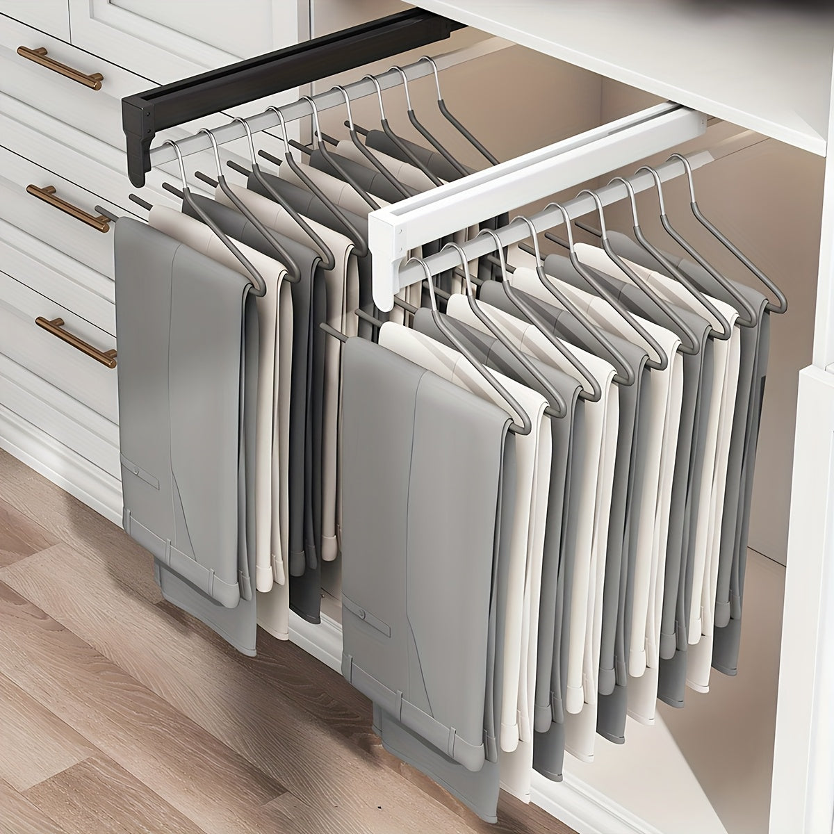 Metall tayoq bilan sozlanadigan kiyim saqlash racki, shkafni tartibga solish uchun