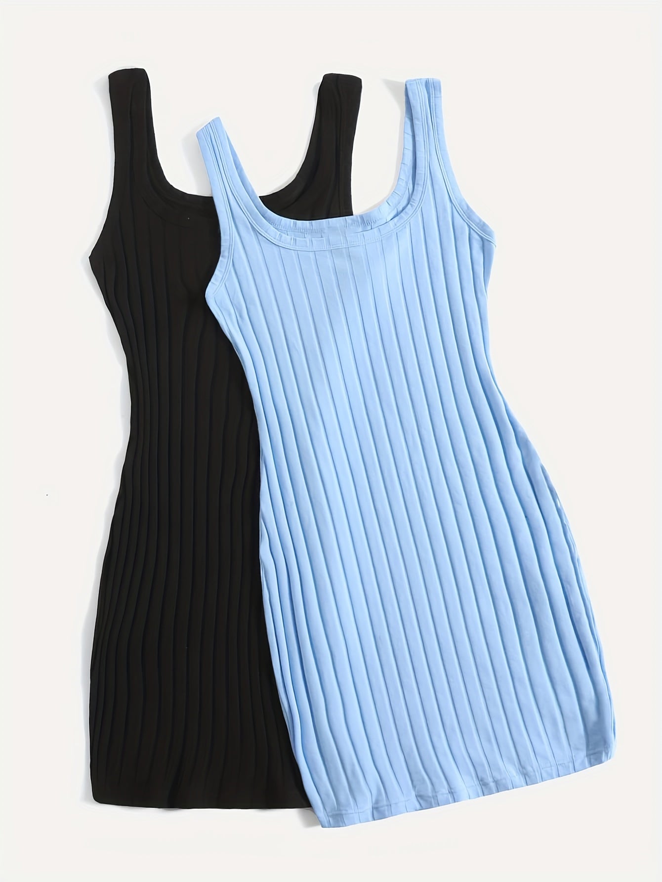 Women's Ribbed Sleep Dresses Two-Pack Black Light Blue Square Neck Stretchy Polyester Nightgowns