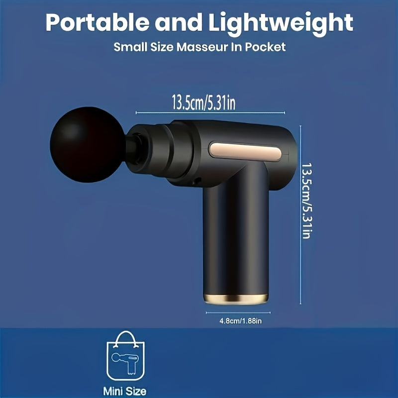USB zaryadlash bilan portativ LCD massaj quroli, mustahkam ABS material, 4 ta almashtiriladigan bosh, raqamli displey va ergonomik tutqich qora va oltin rangda. Fitness, ochiq havoda foydalanish uchun mukammal.