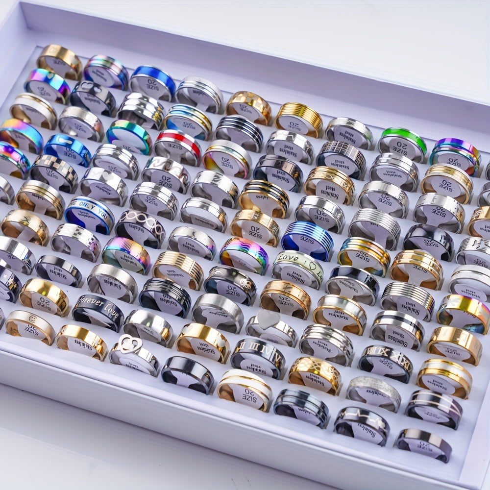 Set of 20 Unisex Striped Letter Rhinestone Stainless Steel Rings for Jewelry Parties