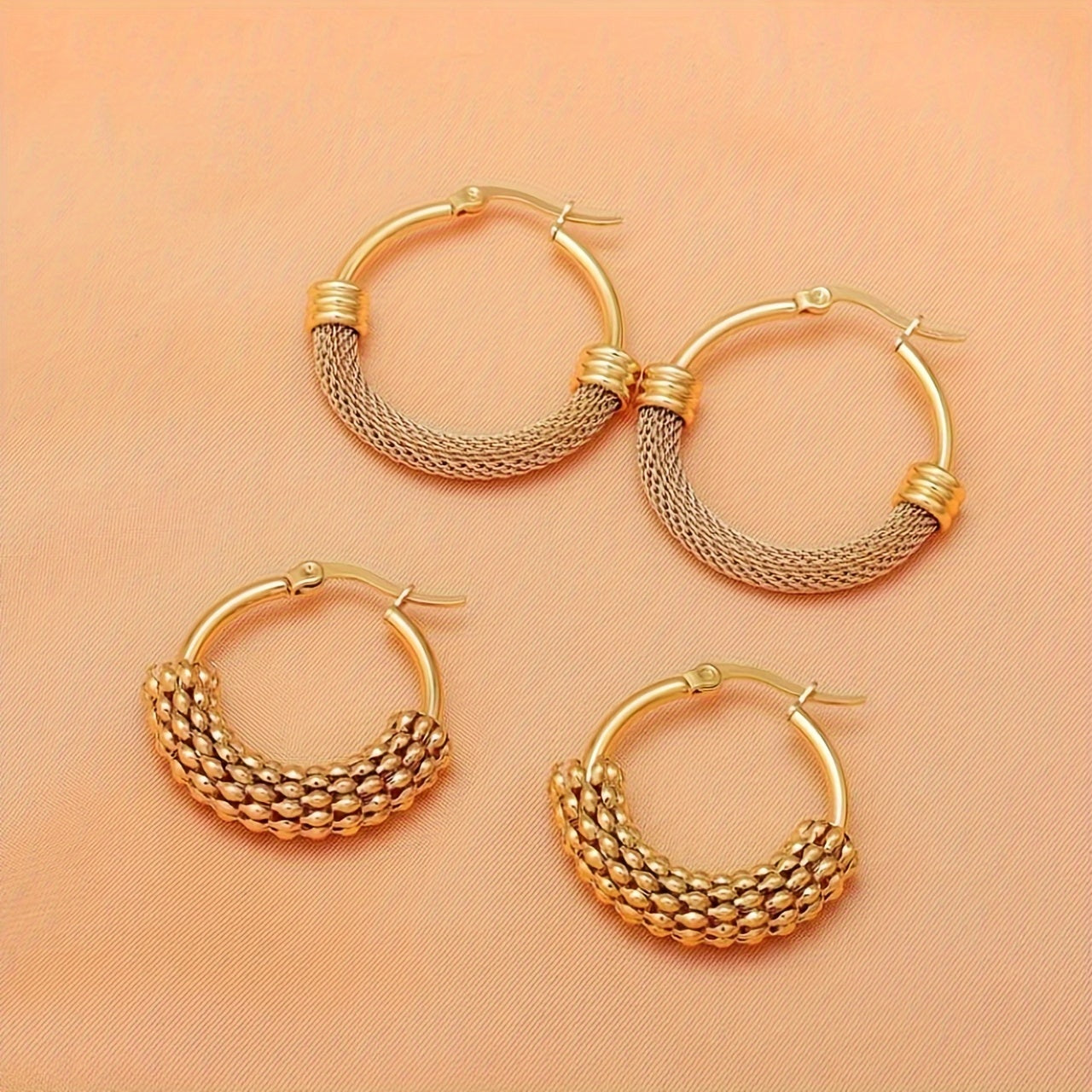 Set of 3 Stainless Steel Mesh Rice Ear Earrings for Women Trendy Jewelry