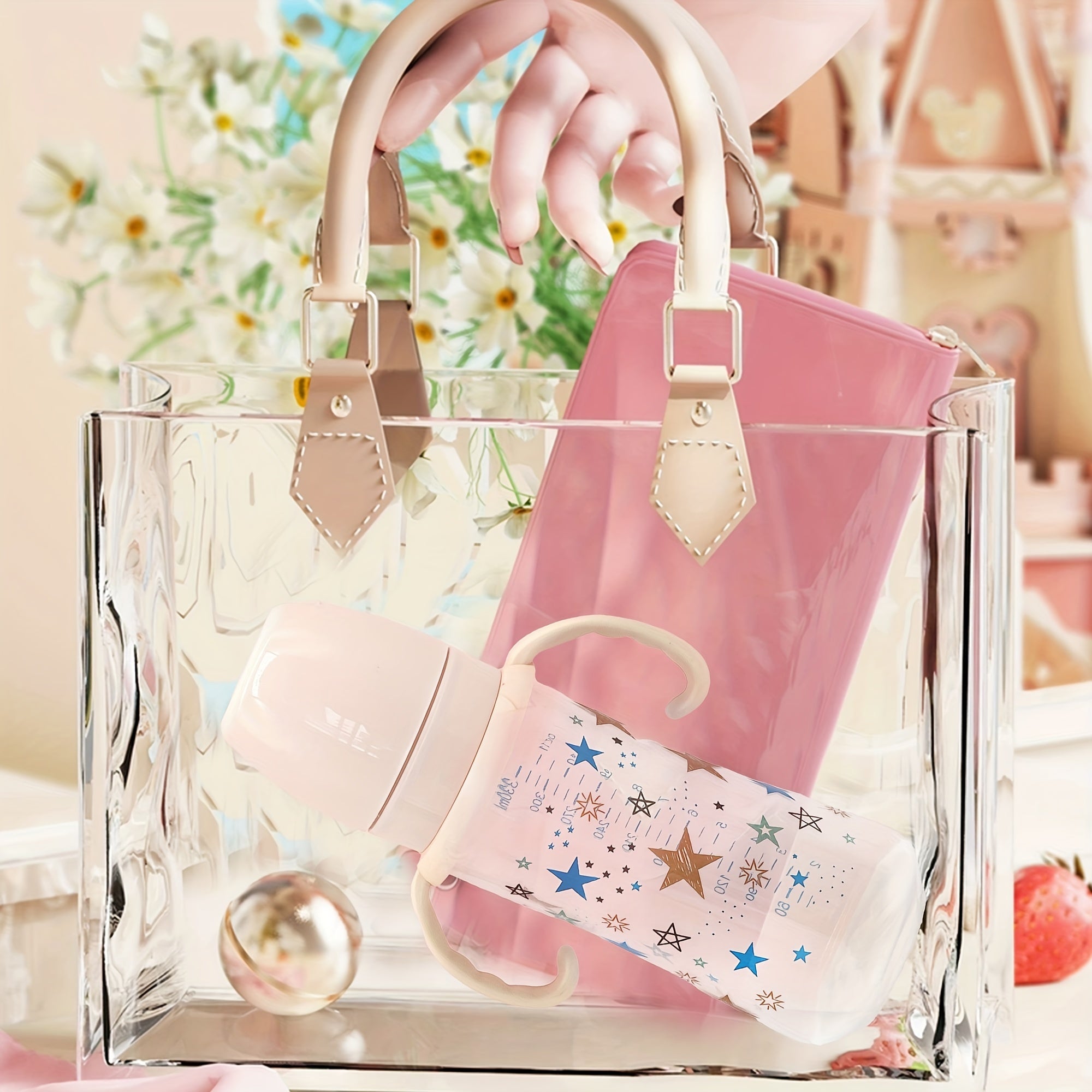 330 мл бутылка большого объема с широким диаметром, ручками и ударопрочным материалом PP. С рисунком в виде мультяшной звезды, это идеальная бутылочка для кормления для младенцев.