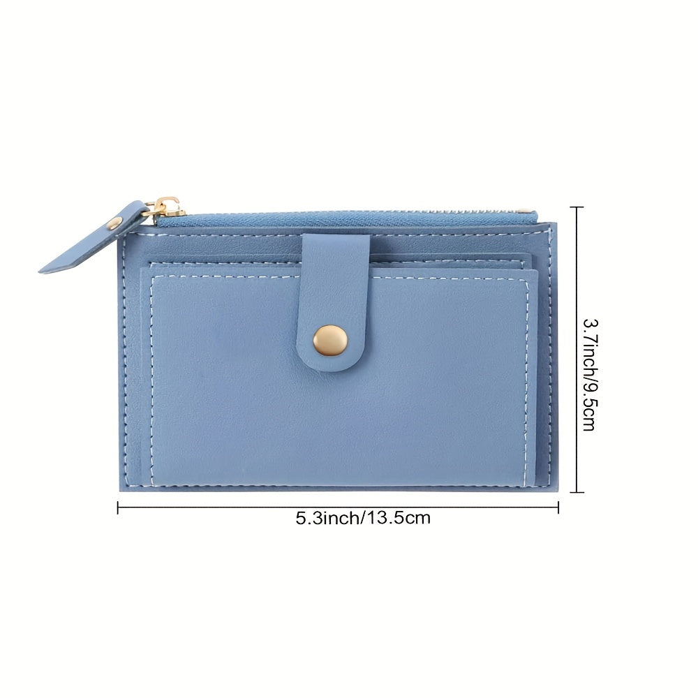 Women's Bifold Wallet with Zipper Snap Button in Pink Blue Black Light Brown PU Material