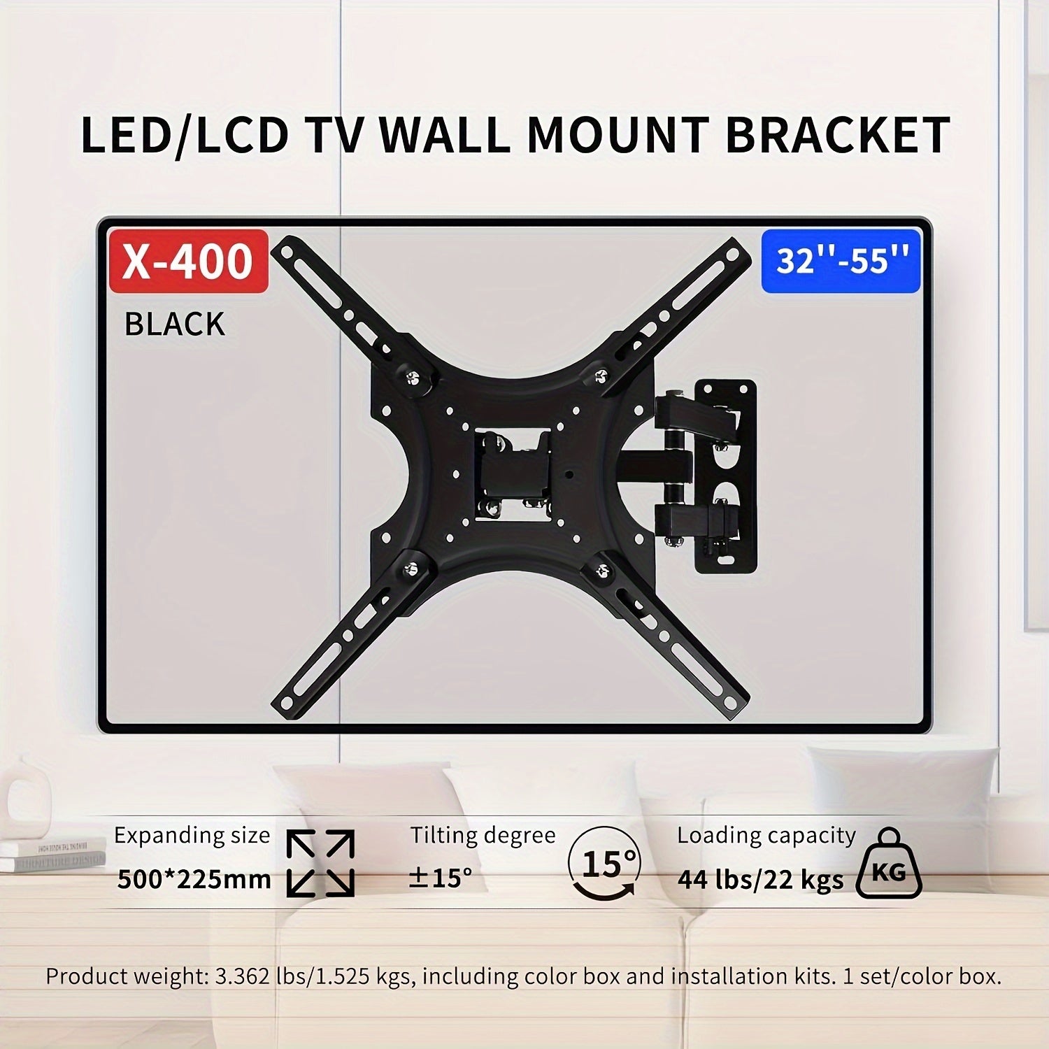 Black Full Motion TV Wall Mount for 14-55 Inch LED LCD Screens