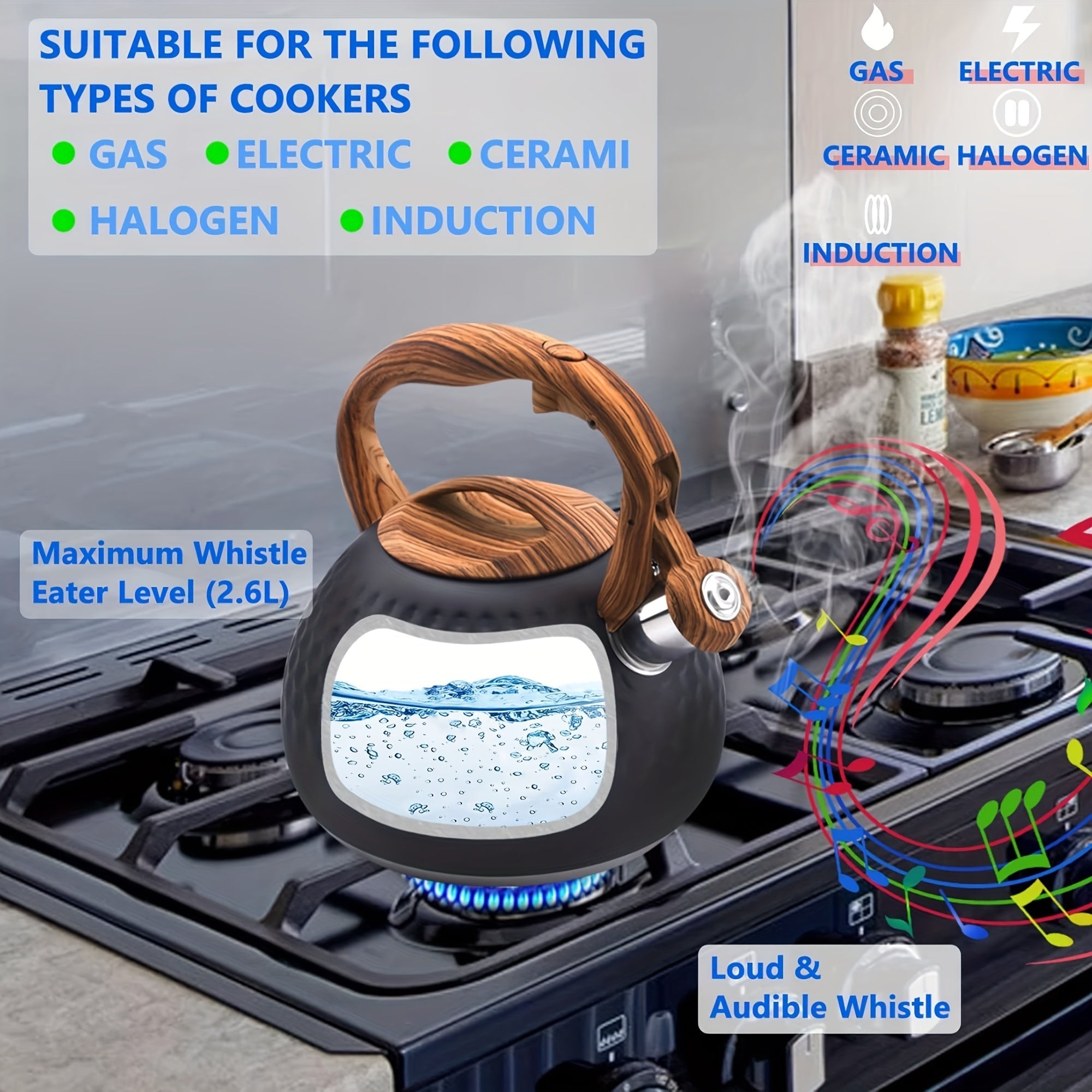 1 dona qattiq shovqinli choynak, qora rangda og'ir zanglamas po'latdan yasalgan, yog'och naqshli tutqichga ega. Ushbu noyob choynak suv, qahva yoki sut qaynatish uchun mo'ljallangan va tugma boshqaruv chiqishiga ega. Uning sig'imi 3 litr.