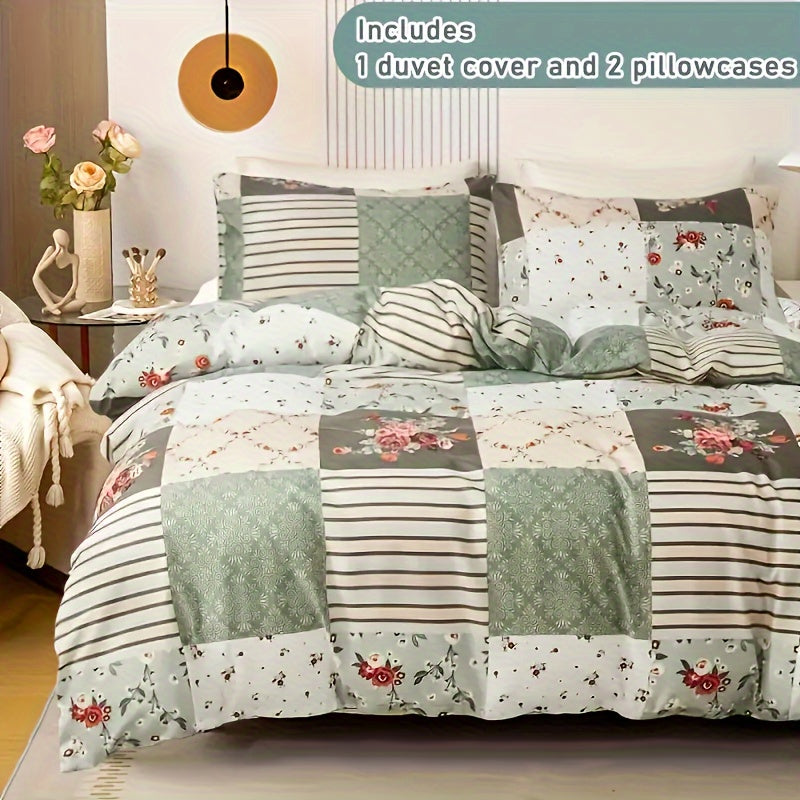 King Size Duvet Cover Set with Floral and Geometric Prints Soft Polyester All-Season Bedding